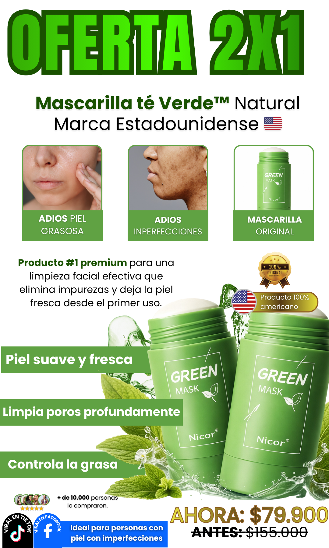 OFERTA 2 X 1 ✅Mascarilla té Verde™ Natural Marca Estadounidense 🇺🇸